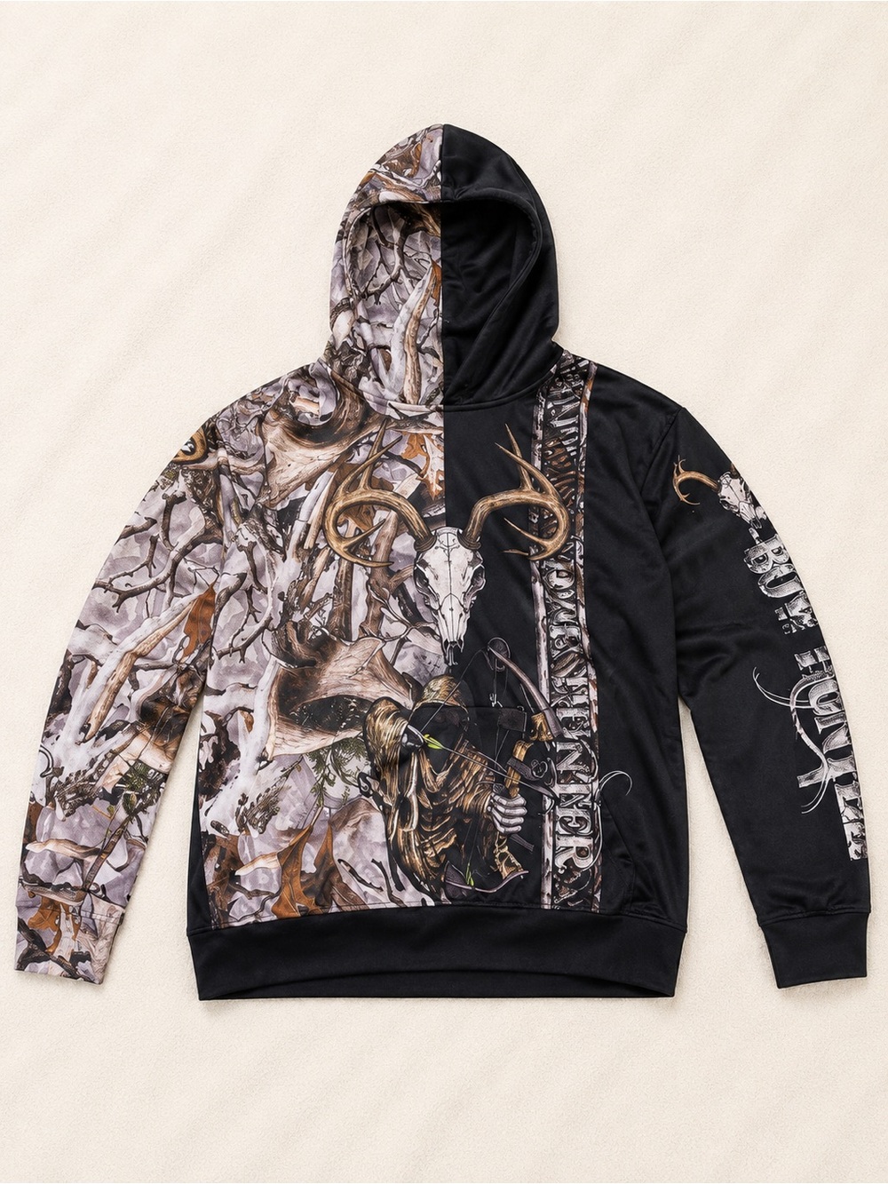 Men's Black & Brown Graphic Hoodie - Camouflage Skull Archery Print